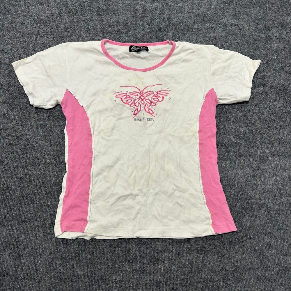 Cycle Threads T-Shirt Womens XL White Pink Bike Week Butterfly Cotton Slim